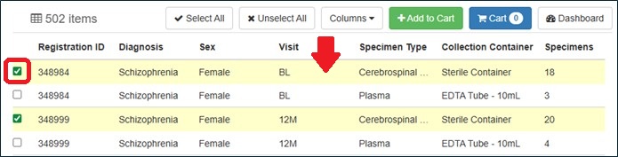 Specimen row selection